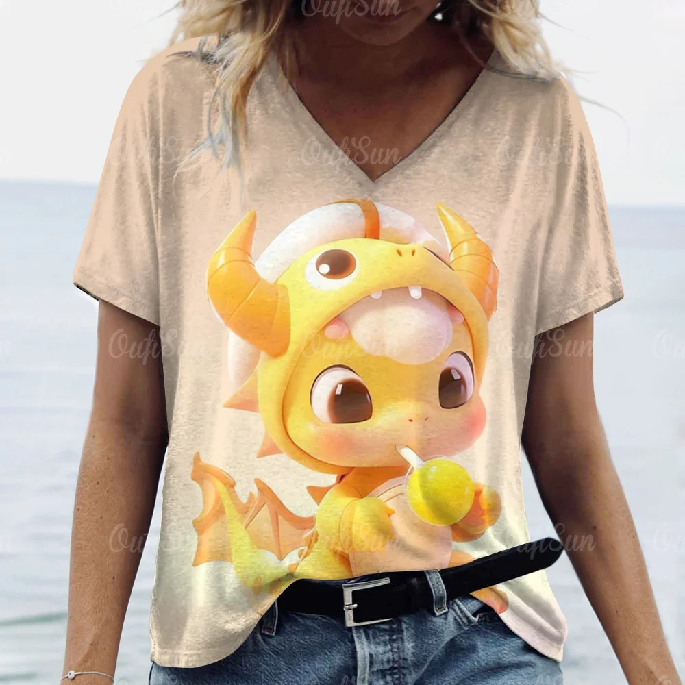 Cartoon Dragon T-Shirt For Women 2024 New Year Clothing V-Neck Casual Short-Sleeved Female Oversized Pullover Fashion Streetwear