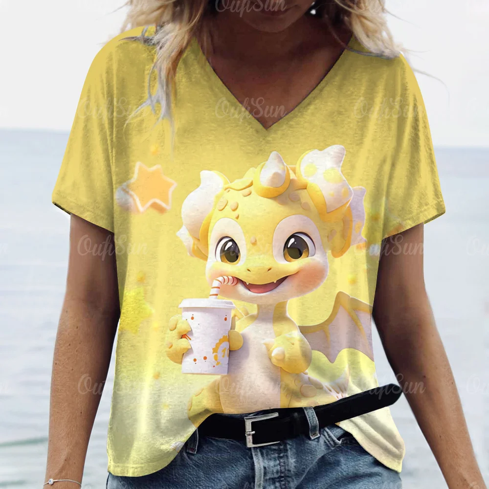 Cartoon Dragon T-Shirt For Women 2024 New Year Clothing V-Neck Casual Short-Sleeved Female Oversized Pullover Fashion Streetwear