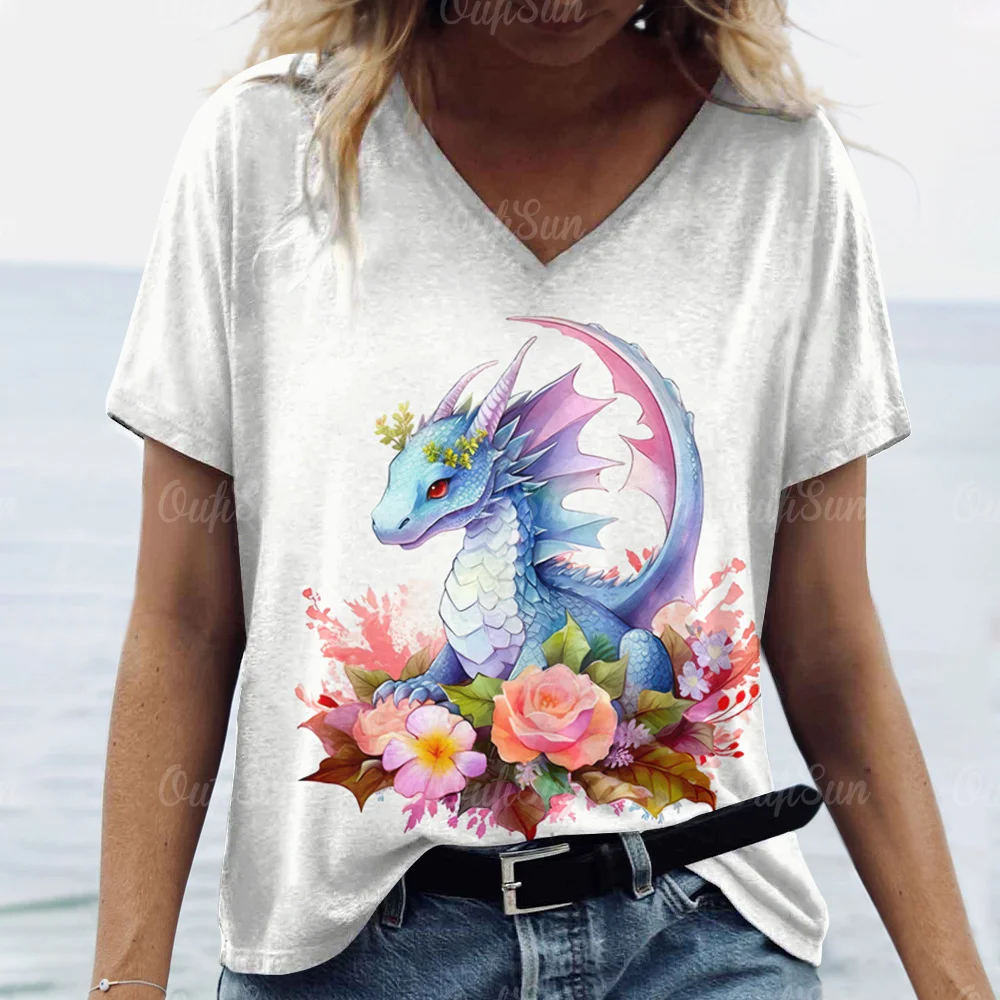 Cartoon Dragon T-Shirt For Women 2024 New Year Clothing V-Neck Casual Short-Sleeved Female Oversized Pullover Fashion Streetwear