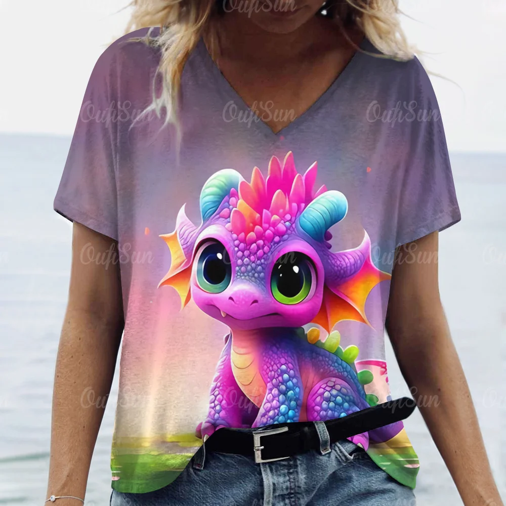 Cartoon Dragon T-Shirt For Women 2024 New Year Clothing V-Neck Casual Short-Sleeved Female Oversized Pullover Fashion Streetwear