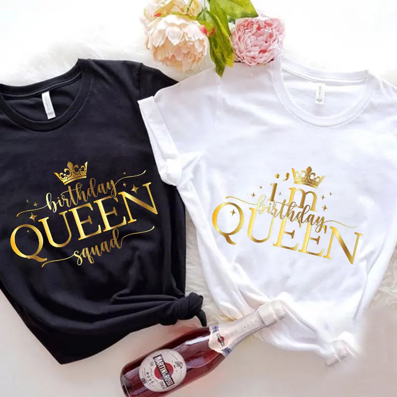 Women Clothing I'm Birthday Queen Squad Golden Graphic Y2k Tops 90s Girl Friends Birthday Party Group T-Shirt Short Sleeve Tees