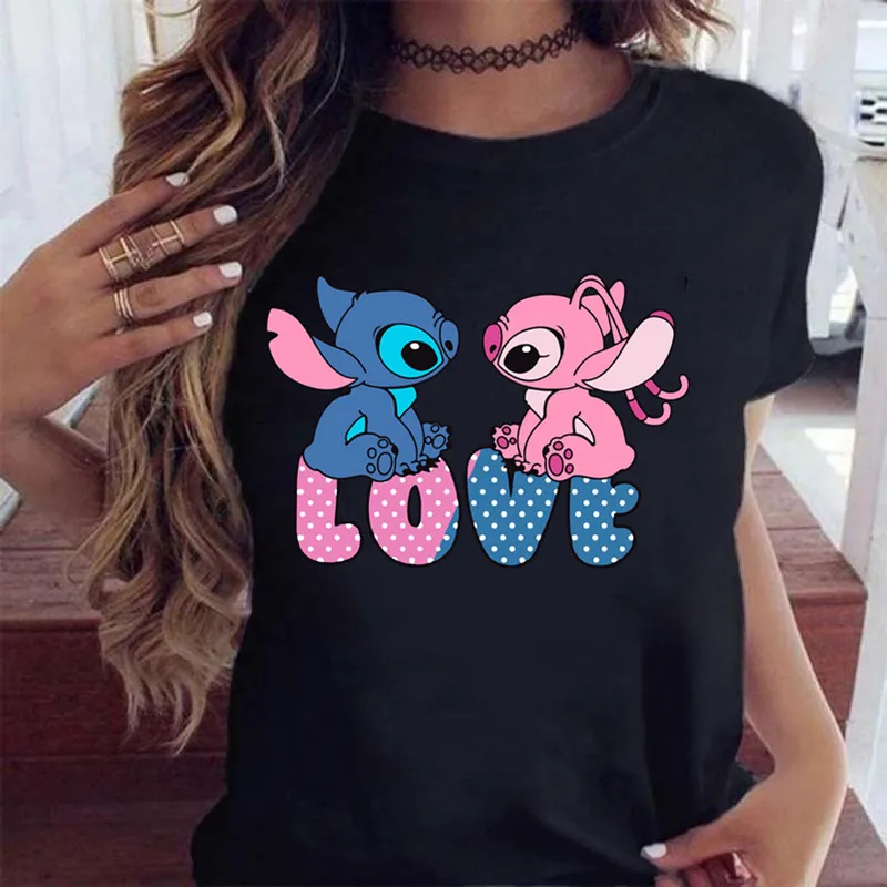 New Fashion Female Clothing Cartoon Disney Stitch Women's T-shirt Summer Short Sleeve Black Tops