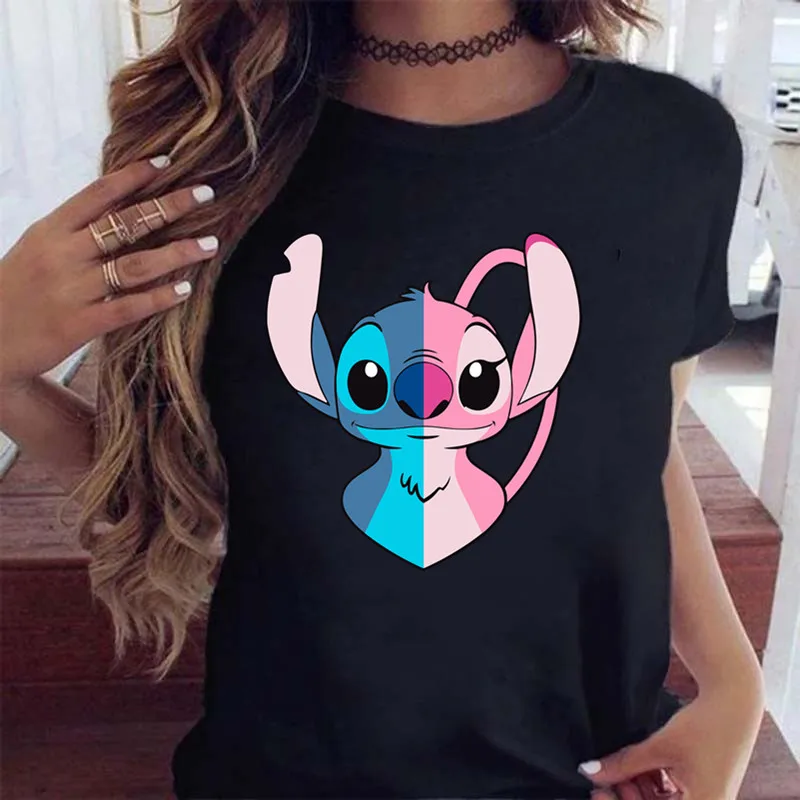 New Fashion Female Clothing Cartoon Disney Stitch Women's T-shirt Summer Short Sleeve Black Tops