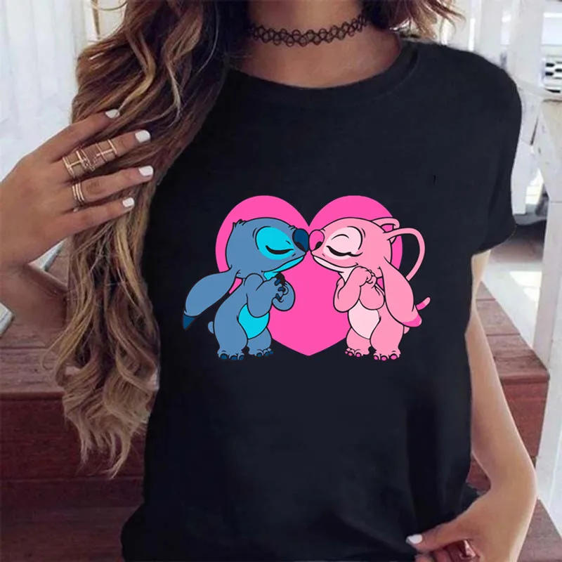 New Fashion Female Clothing Cartoon Disney Stitch Women's T-shirt Summer Short Sleeve Black Tops