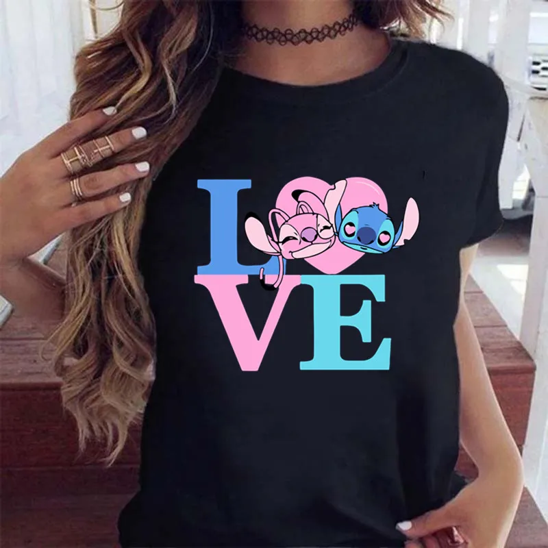 New Fashion Female Clothing Cartoon Disney Stitch Women's T-shirt Summer Short Sleeve Black Tops