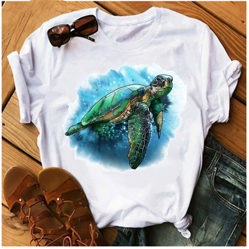 Sea Turtle Print T-shirt for Women Harajuku Cartoon Unisex Short Sleeve T-shirt 2023 Summer O-Neck Streetwear y2k Clothes Tops