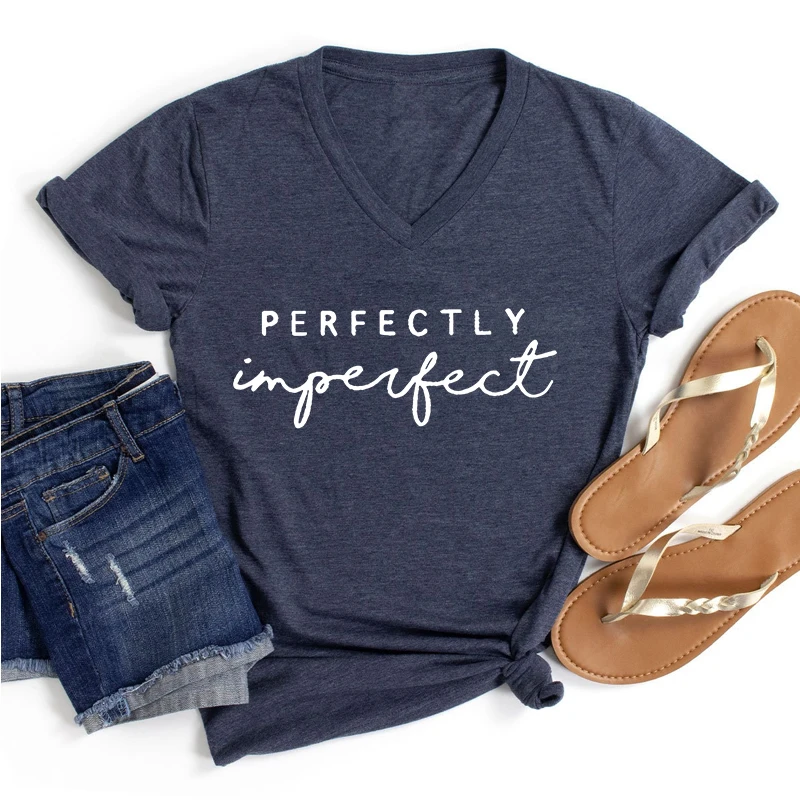 Perfectly Impergect Print Women Letter T-shirts Girl Aesthetic V-neck Short Sleeve Tee Top Summer Female Humorous Funny Tshirt