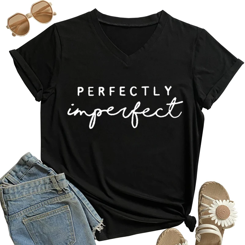 Perfectly Impergect Print Women Letter T-shirts Girl Aesthetic V-neck Short Sleeve Tee Top Summer Female Humorous Funny Tshirt