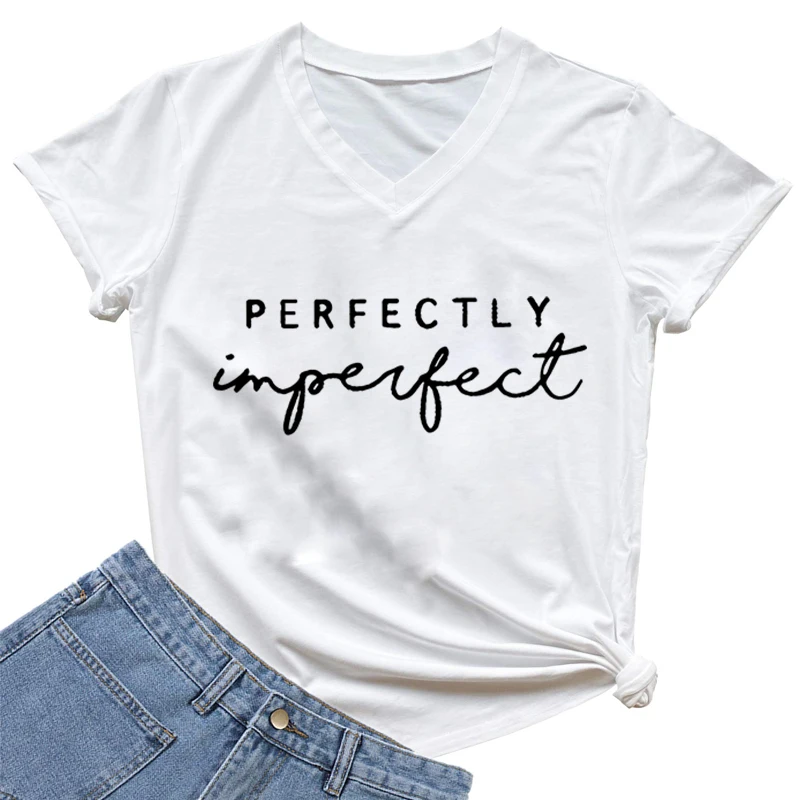 Perfectly Impergect Print Women Letter T-shirts Girl Aesthetic V-neck Short Sleeve Tee Top Summer Female Humorous Funny Tshirt