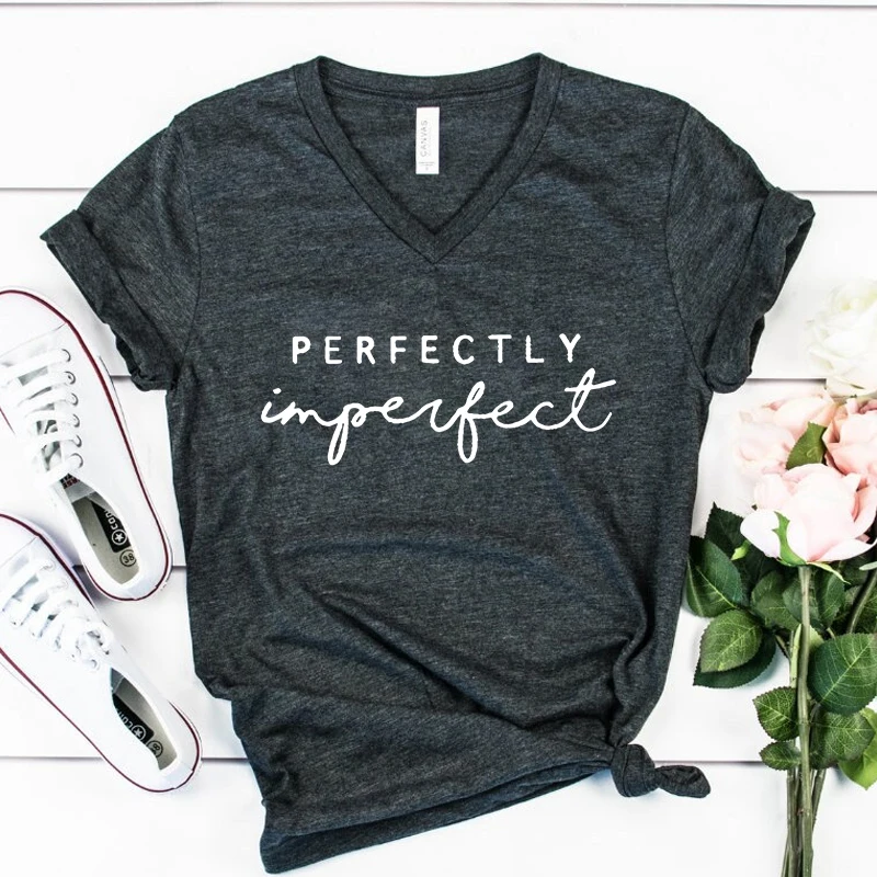 Perfectly Impergect Print Women Letter T-shirts Girl Aesthetic V-neck Short Sleeve Tee Top Summer Female Humorous Funny Tshirt