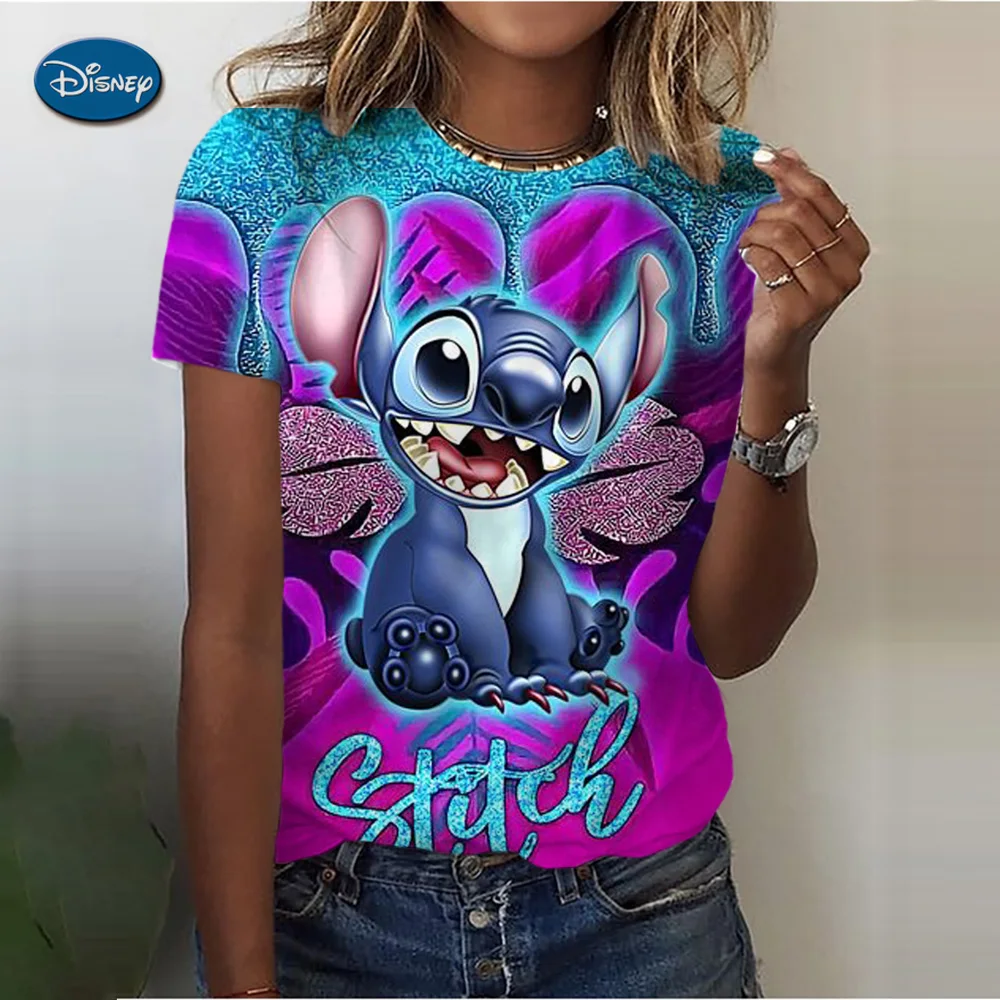 2024 Top Disney Women Print Women Stitch T Shirt New Summer Short Sleeve O-Neck Casual Loose Top Oversize Female Streetwear Top