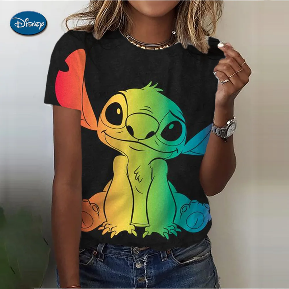 2024 Top Disney Women Print Women Stitch T Shirt New Summer Short Sleeve O-Neck Casual Loose Top Oversize Female Streetwear Top
