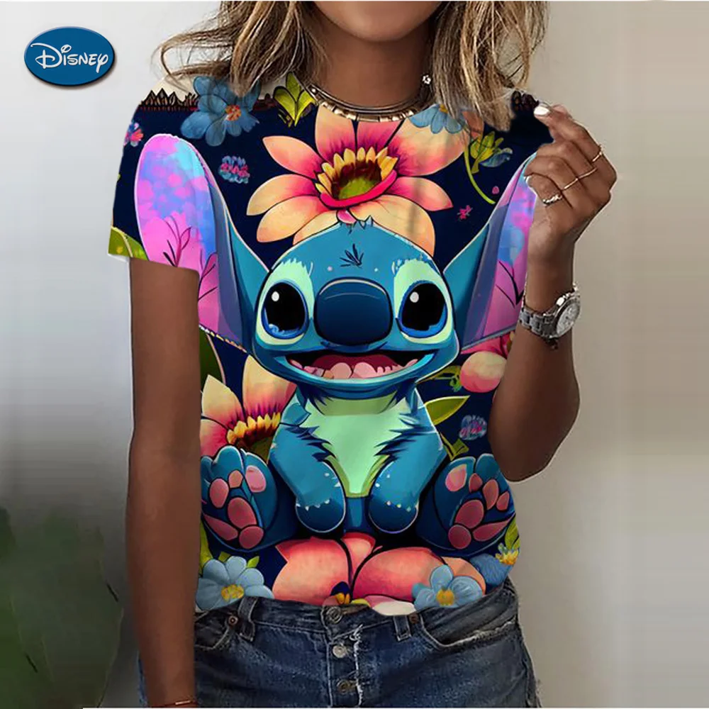 2024 Top Disney Women Print Women Stitch T Shirt New Summer Short Sleeve O-Neck Casual Loose Top Oversize Female Streetwear Top
