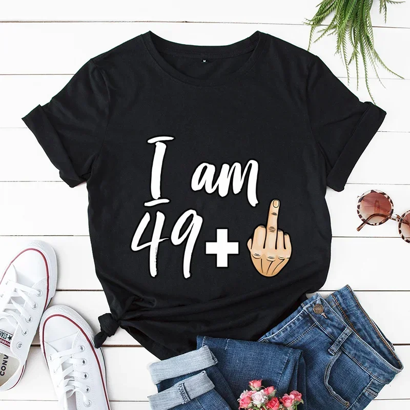 I Am 39 Plus Middle Finger Print Women T-shirts Short Sleeve Female Tshirts I Am 49 Plus Middle Finger Graphic T Shirt Y2k Tops