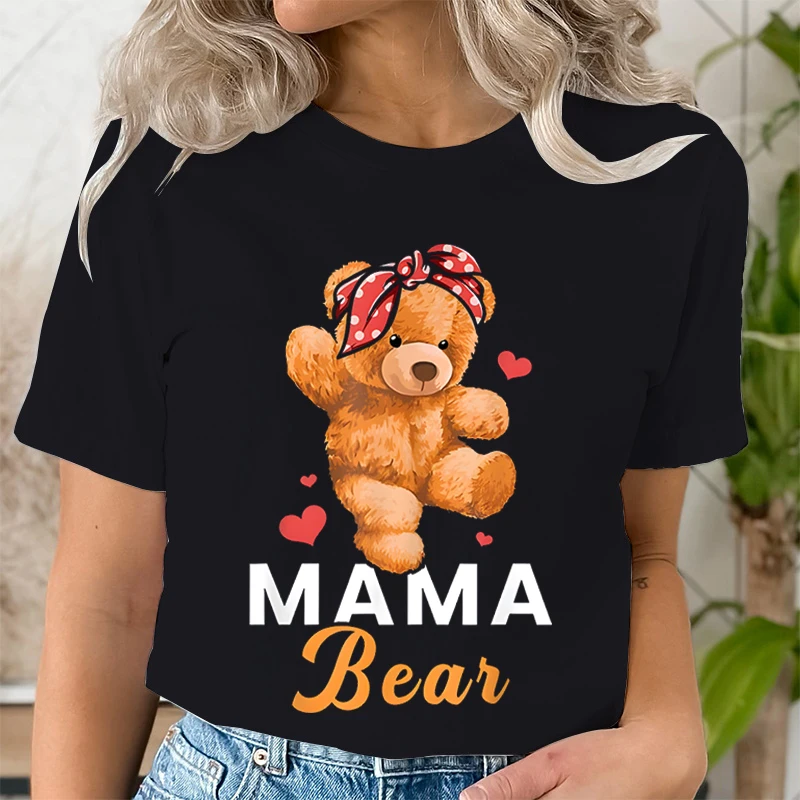 Teddy Mama Bear Graphic T Shirts Women Cartoon Bear Lover Graphic Tee Cute Teddy Mom Printed Women T-shirt Cartoon Classic Tops