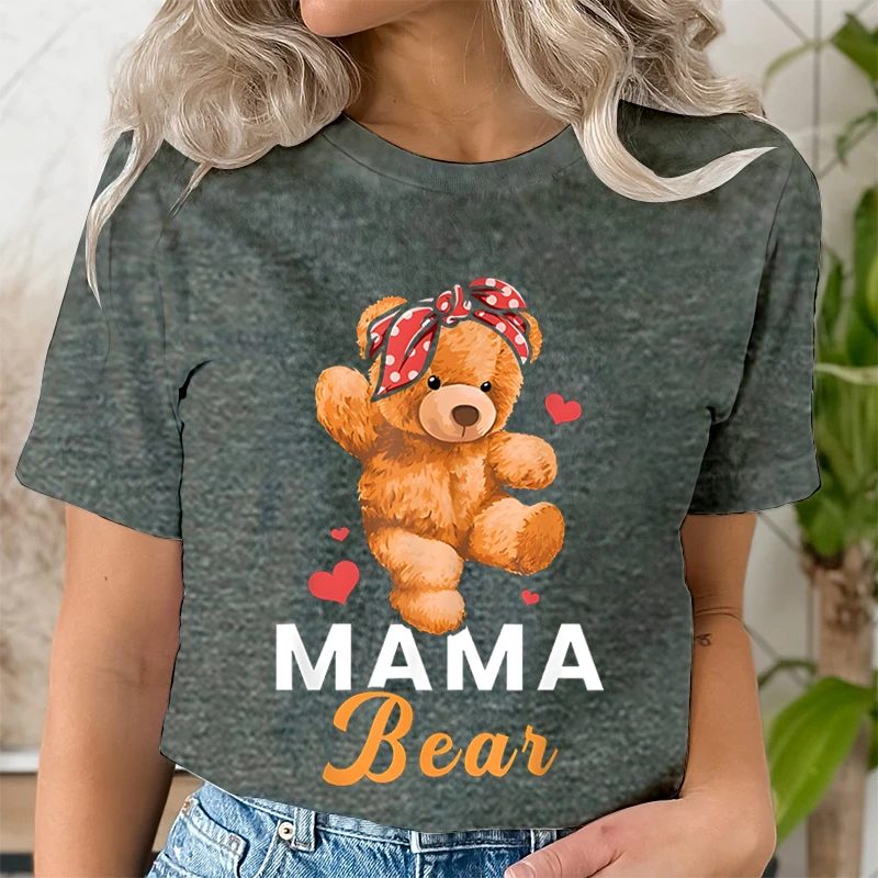 Teddy Mama Bear Graphic T Shirts Women Cartoon Bear Lover Graphic Tee Cute Teddy Mom Printed Women T-shirt Cartoon Classic Tops