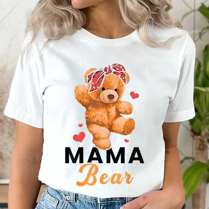 Teddy Mama Bear Graphic T Shirts Women Cartoon Bear Lover Graphic Tee Cute Teddy Mom Printed Women T-shirt Cartoon Classic Tops