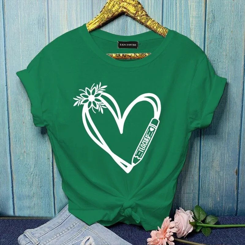 Women's Floral Heart TEACHER Graphic Printed T-Shirt Fashion TEACHER Summer Round Neck Short Sleeve Shirt Top
