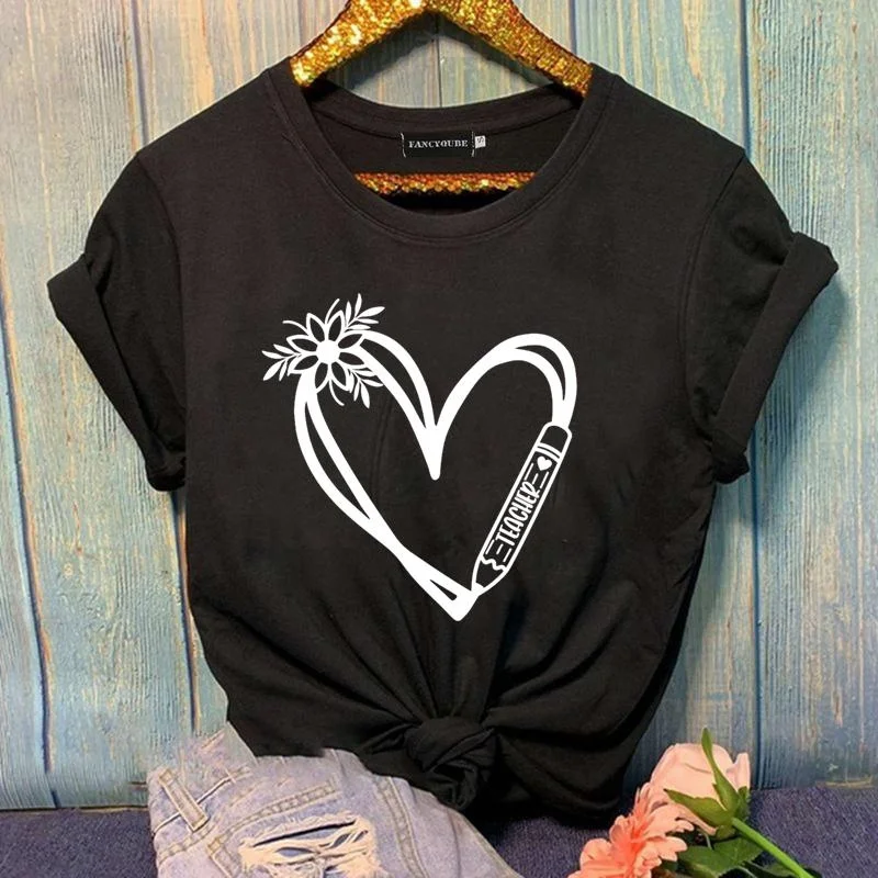 Women's Floral Heart TEACHER Graphic Printed T-Shirt Fashion TEACHER Summer Round Neck Short Sleeve Shirt Top