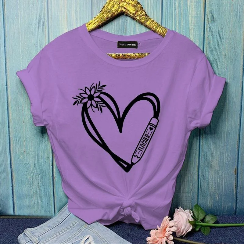 Women's Floral Heart TEACHER Graphic Printed T-Shirt Fashion TEACHER Summer Round Neck Short Sleeve Shirt Top