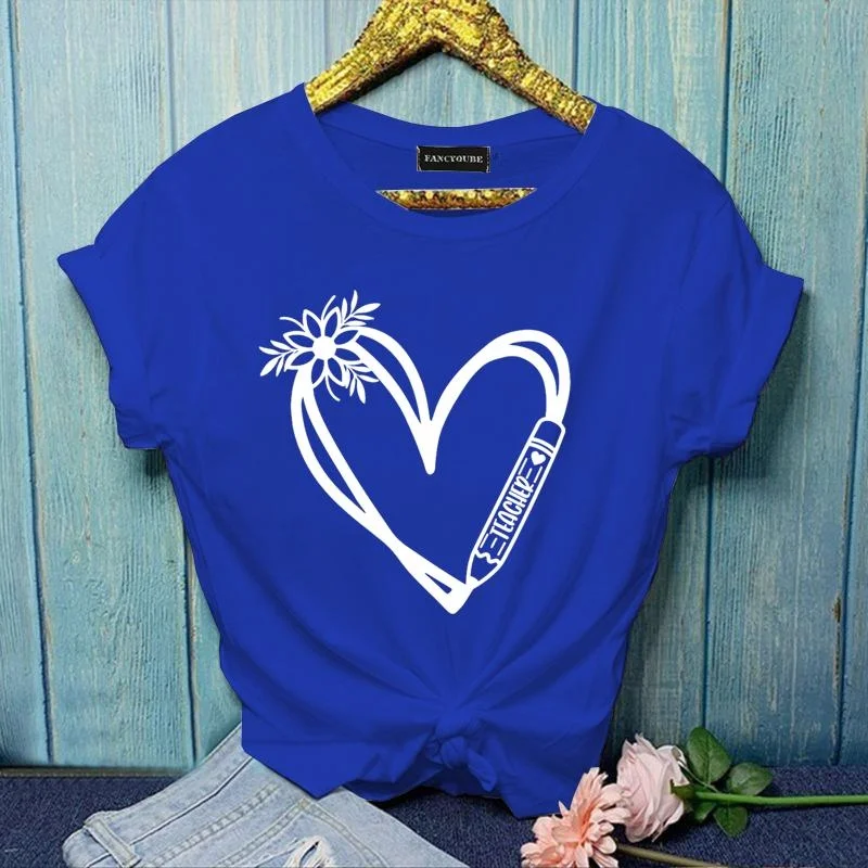 Women's Floral Heart TEACHER Graphic Printed T-Shirt Fashion TEACHER Summer Round Neck Short Sleeve Shirt Top