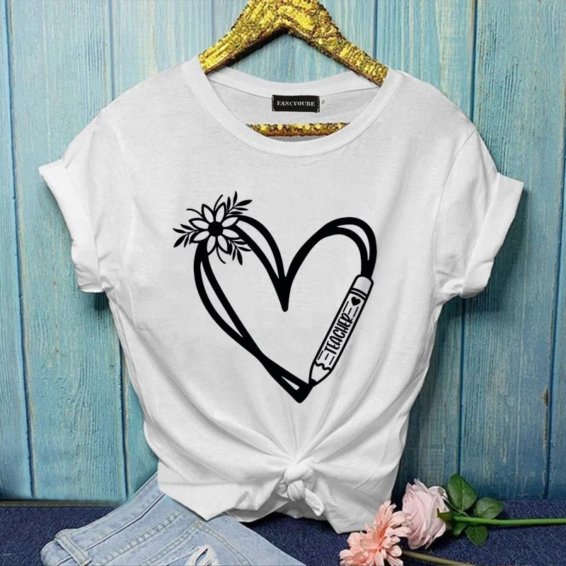 Women's Floral Heart TEACHER Graphic Printed T-Shirt Fashion TEACHER Summer Round Neck Short Sleeve Shirt Top