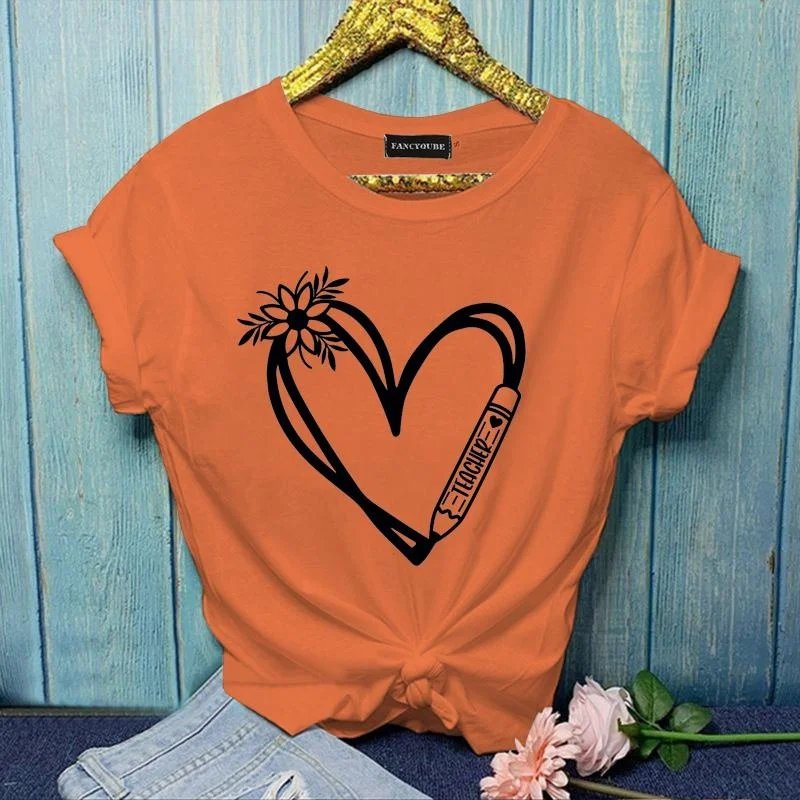 Women's Floral Heart TEACHER Graphic Printed T-Shirt Fashion TEACHER Summer Round Neck Short Sleeve Shirt Top