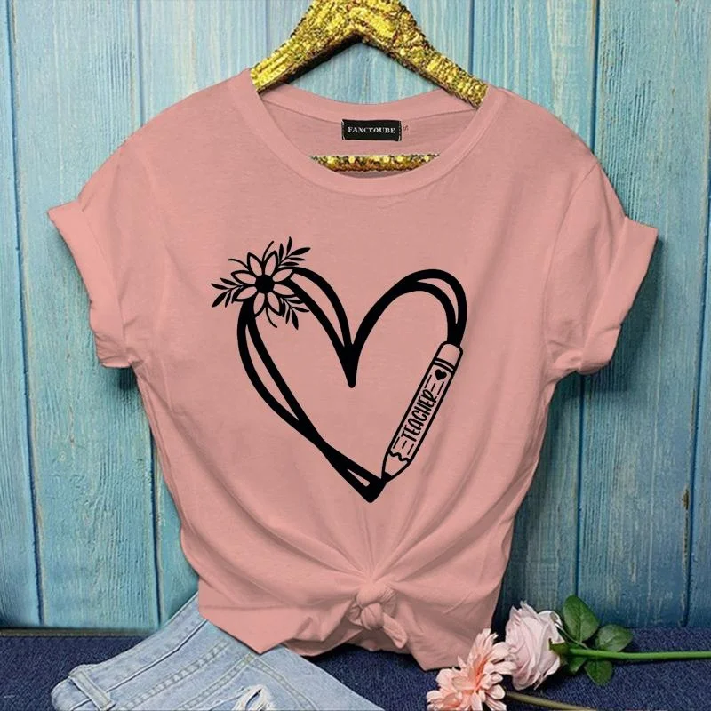 Women’s Floral Heart TEACHER Graphic Printed T-Shirt Fashion TEACHER Summer Round Neck Short Sleeve Shirt Top Women's Floral Heart TEACHER Graphic Printed T-Shirt Fashion TEACHER Summer Round Neck Short Sleeve Shirt Top