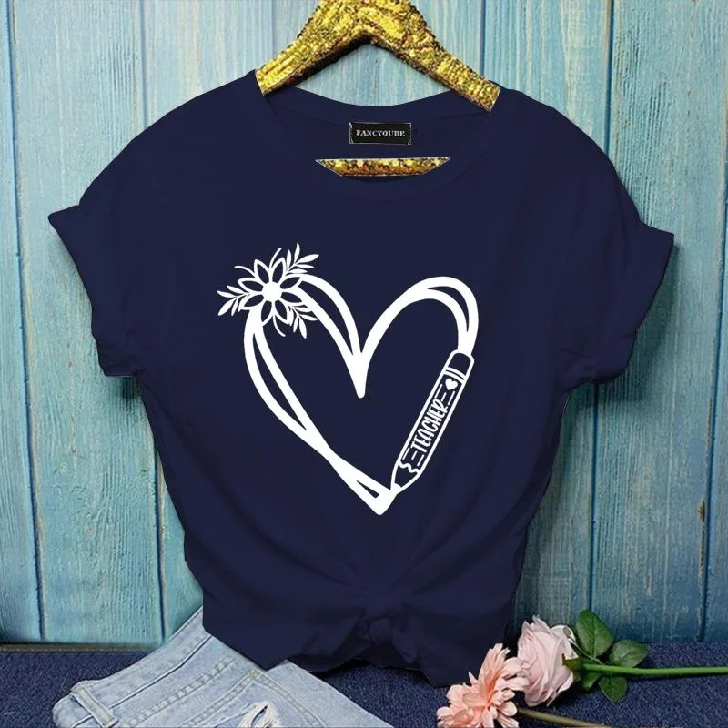 Women's Floral Heart TEACHER Graphic Printed T-Shirt Fashion TEACHER Summer Round Neck Short Sleeve Shirt Top