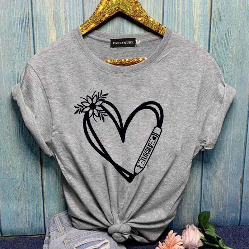 Women's Floral Heart TEACHER Graphic Printed T-Shirt Fashion TEACHER Summer Round Neck Short Sleeve Shirt Top