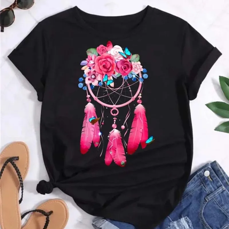 Women Fashion T Shirt Girl Harajuku Feather Printing Graphic Tees Shirt Femme Dream Catcher Women's T-shirt Clothes Tops