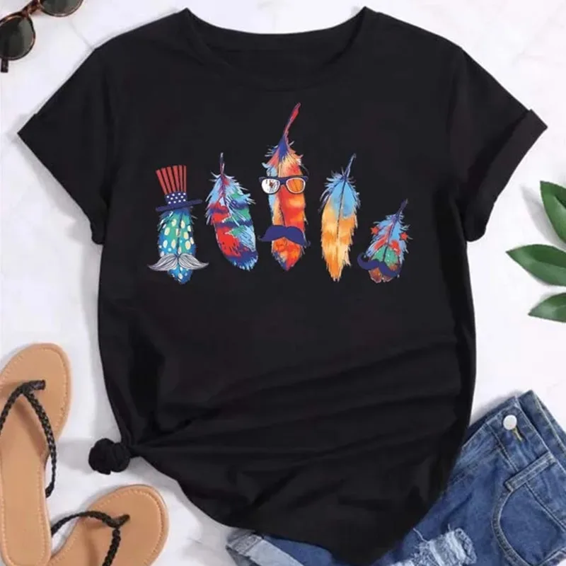 Women Fashion T Shirt Girl Harajuku Feather Printing Graphic Tees Shirt Femme Dream Catcher Women's T-shirt Clothes Tops