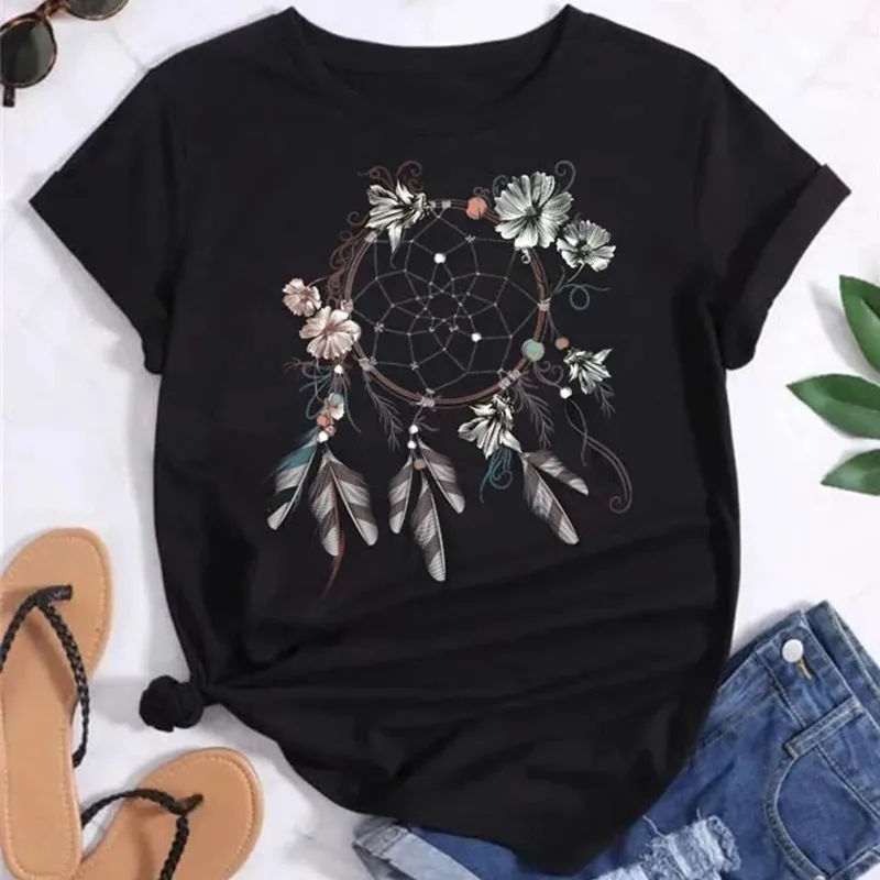 Women Fashion T Shirt Girl Harajuku Feather Printing Graphic Tees Shirt Femme Dream Catcher Women's T-shirt Clothes Tops