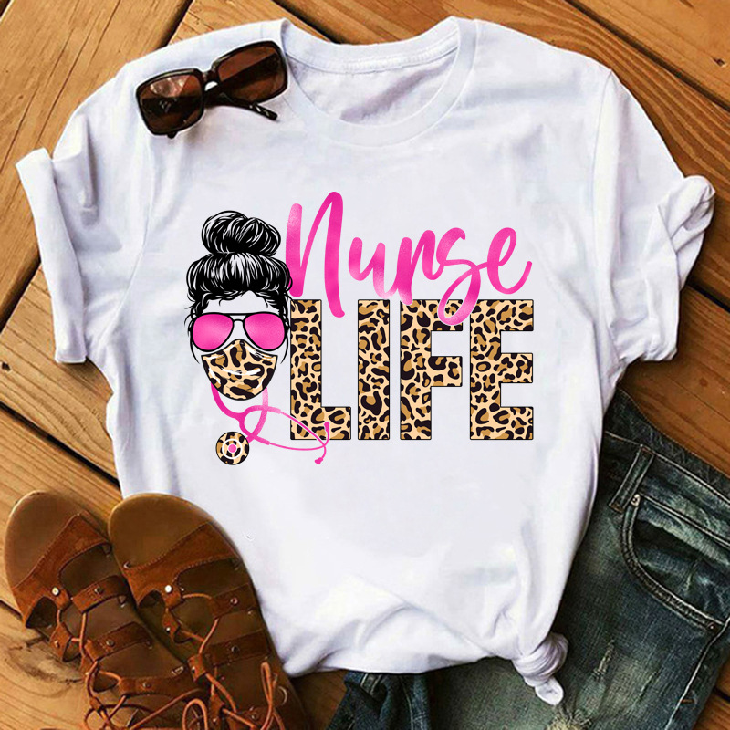 Nurse Life Leopard Skull Head Print Women T Shirt Short Sleeve O Neck Loose Women Tshirt Ladies Tee Shirt Tops Camisetas Mujer