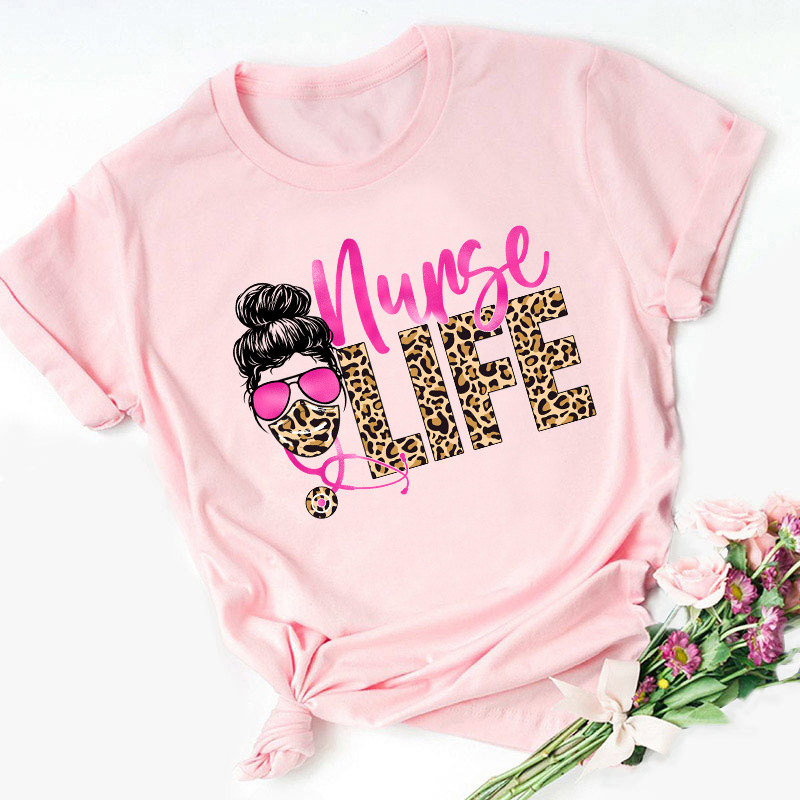 Nurse Life Leopard Skull Head Print Women T Shirt Short Sleeve O Neck Loose Women Tshirt Ladies Tee Shirt Tops Camisetas Mujer