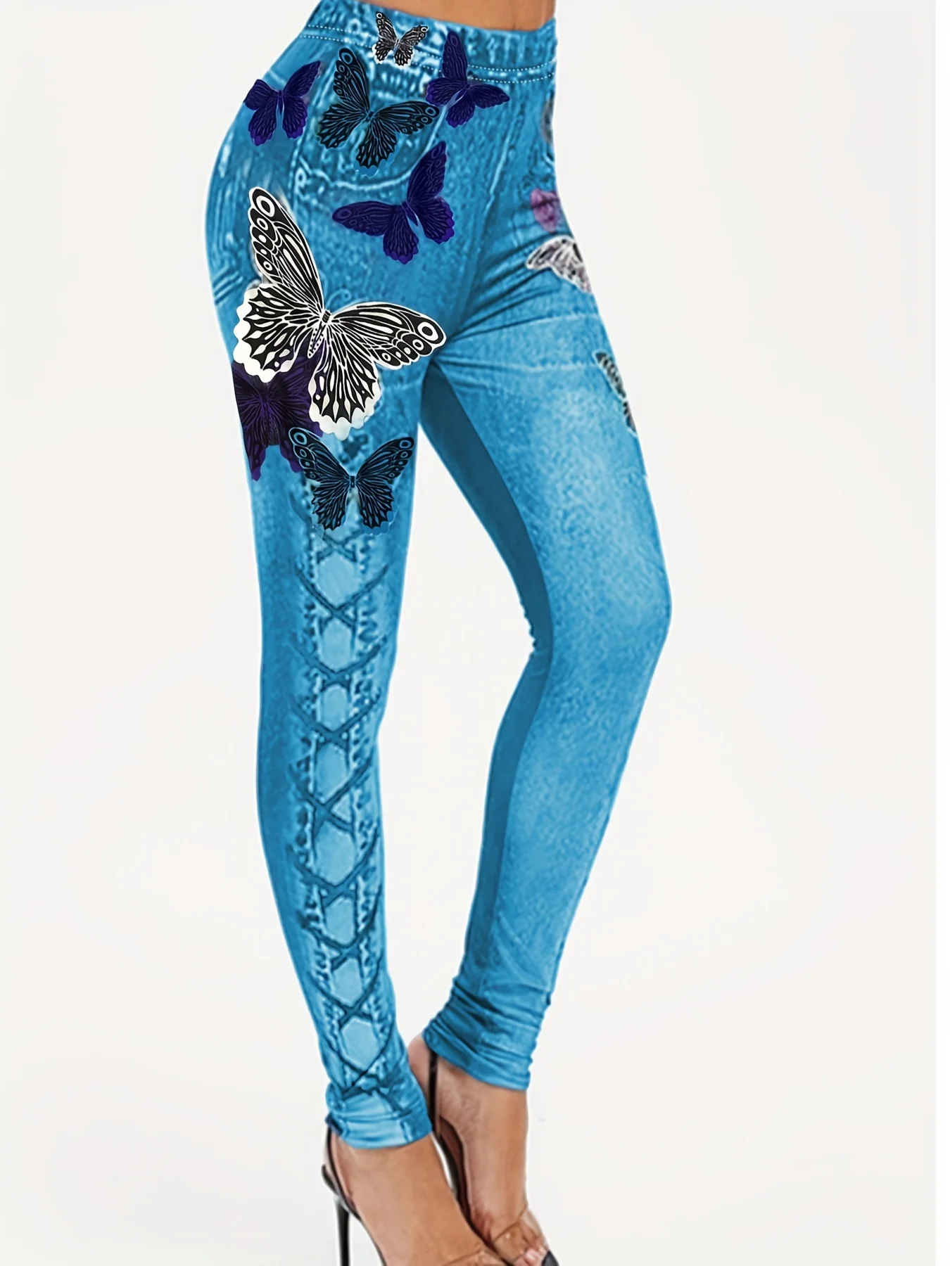 Women's Sexy Slim Fit New Butterfly Printed Leggings Imitating Denim To Show Slimness Leggings With High Elasticity