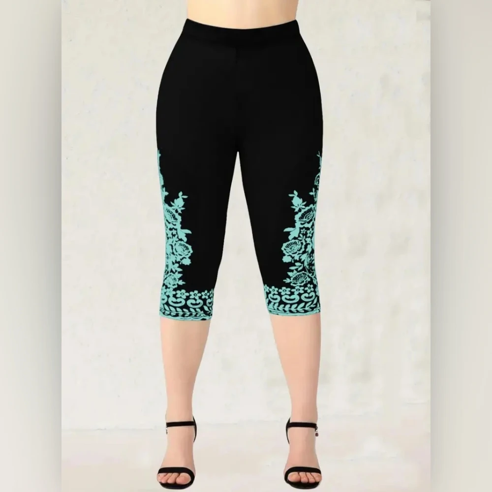Print elastic elastic waist slim casual leggings capri pants for women