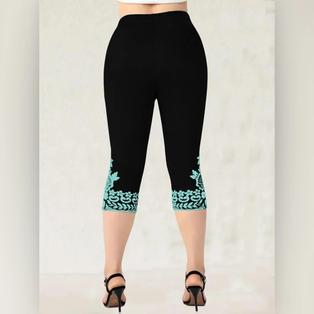 Print elastic elastic waist slim casual leggings capri pants for women