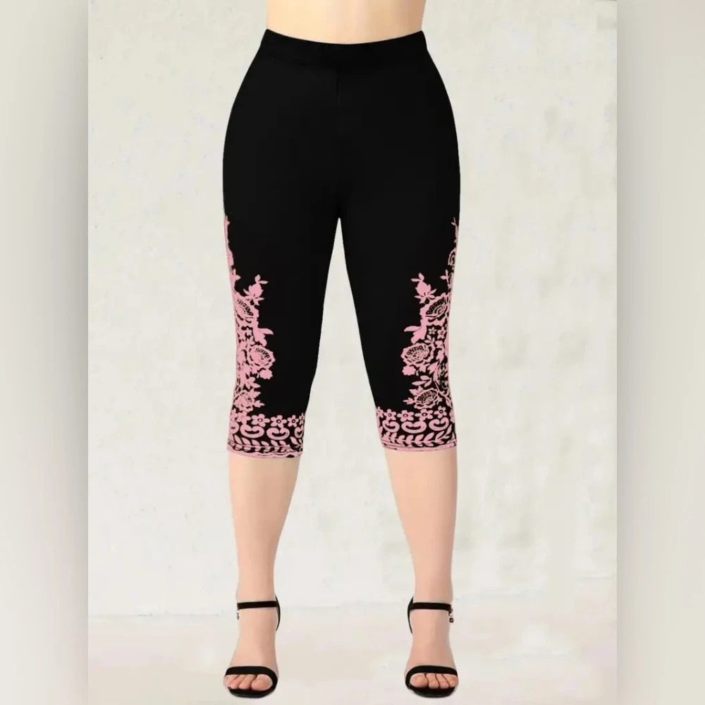 Print elastic elastic waist slim casual leggings capri pants for women