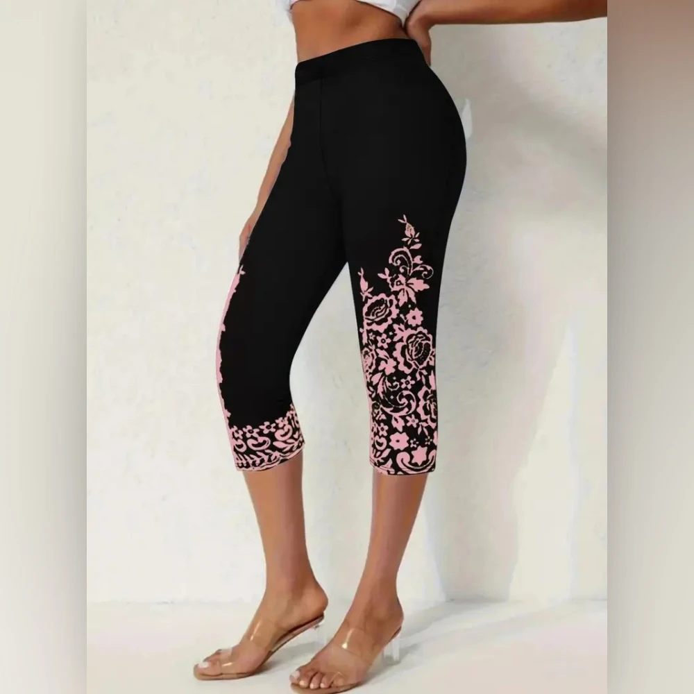 Print elastic elastic waist slim casual leggings capri pants for women