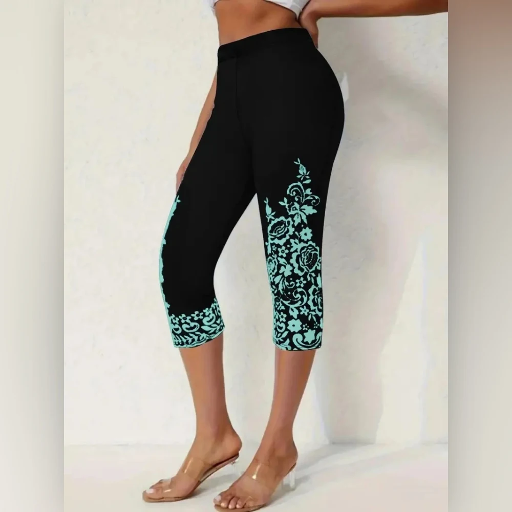 Print elastic elastic waist slim casual leggings capri pants for women
