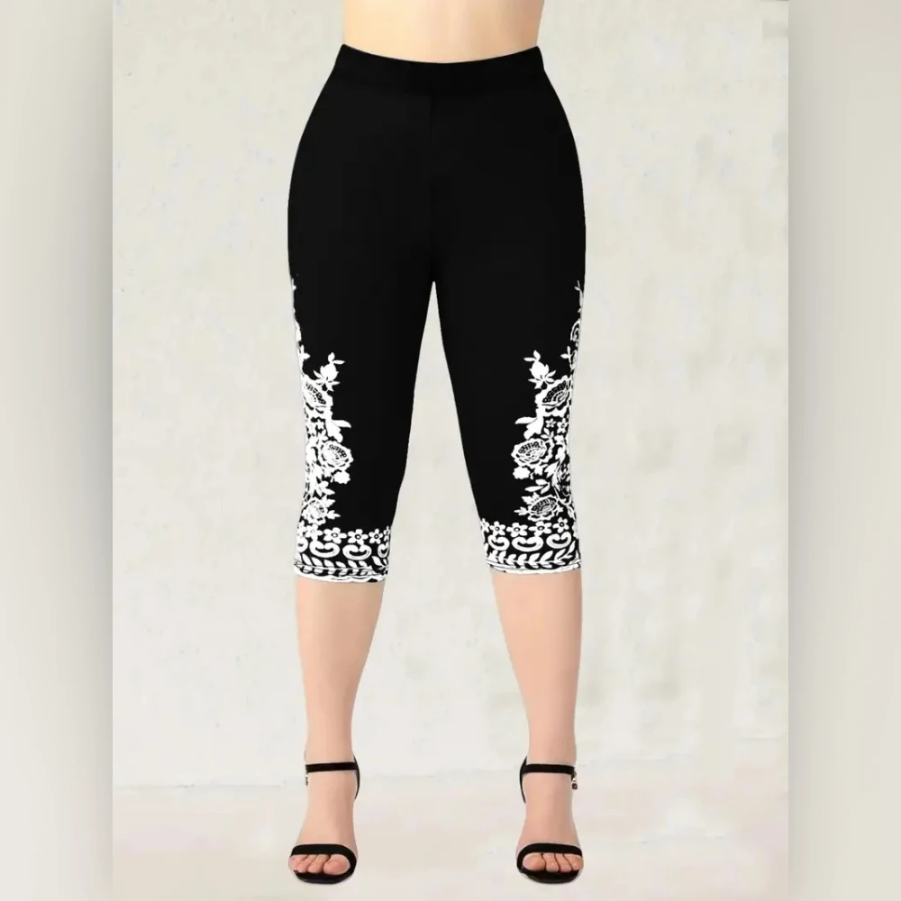 Print elastic elastic waist slim casual leggings capri pants for women
