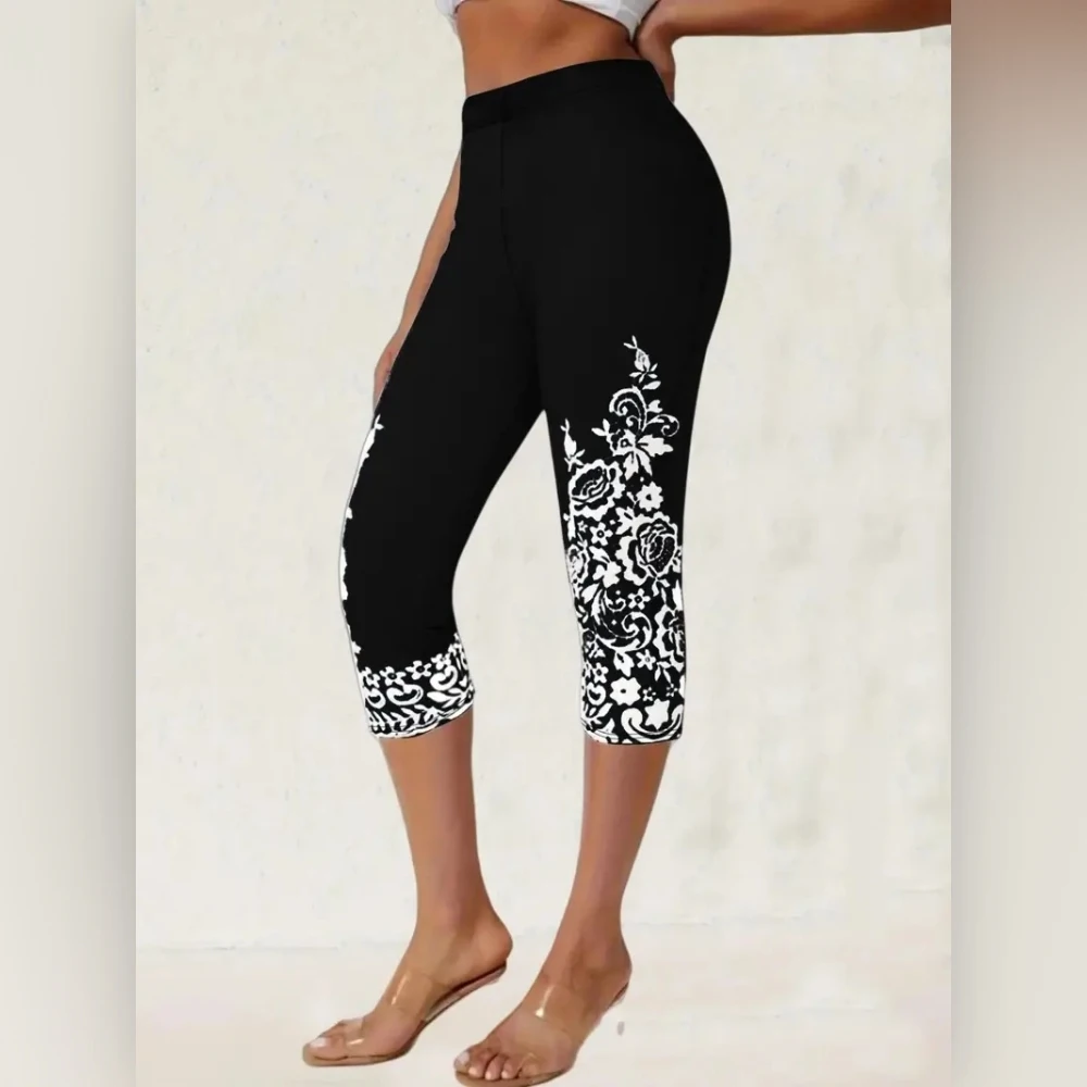 Print elastic elastic waist slim casual leggings capri pants for women