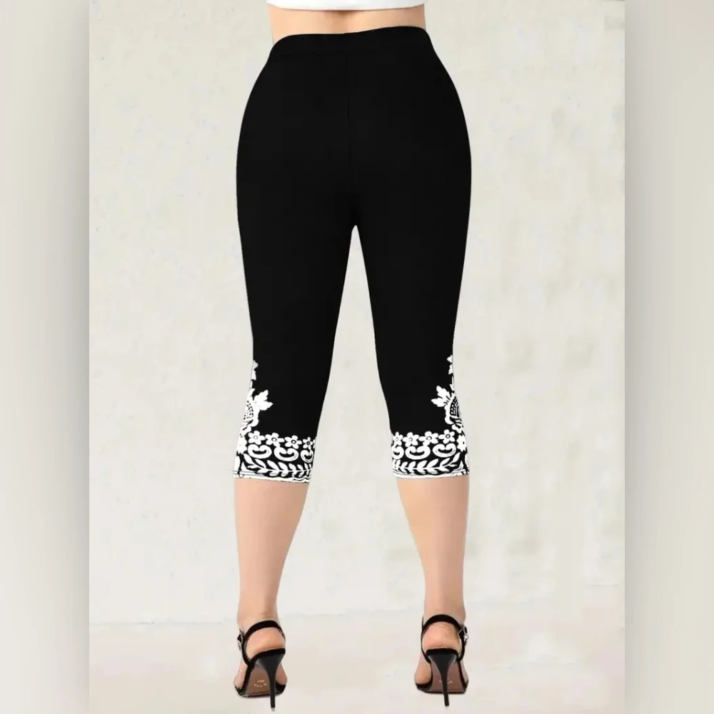 Print elastic elastic waist slim casual leggings capri pants for women
