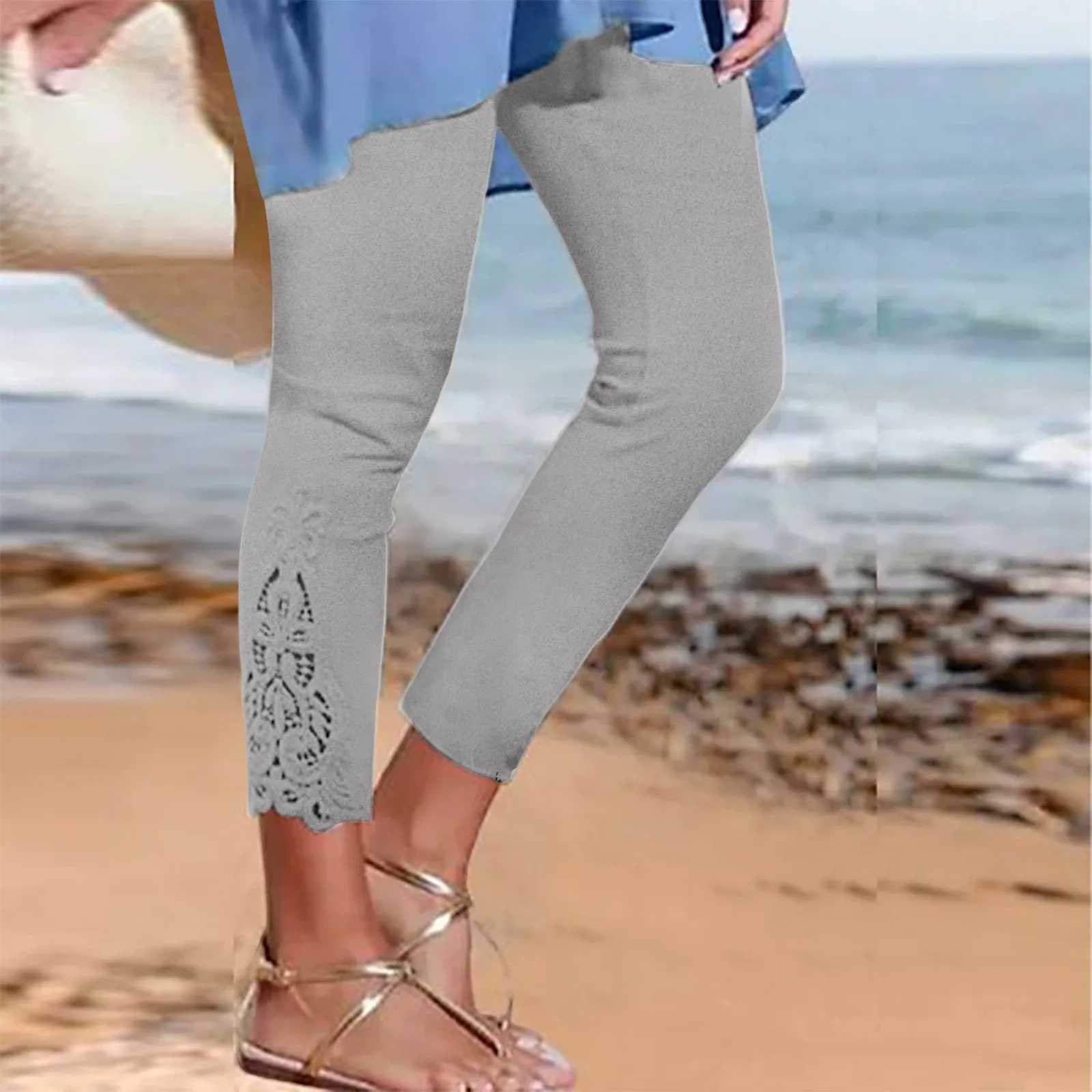 Spring Summer Capris Women's Lace  Leggings High Waist Slim Fit Stretchy Long Pants Versatile Women Beachwear Leggings