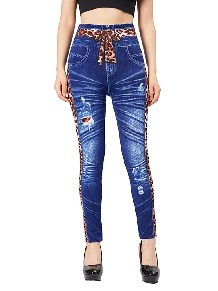 CUHAKCI High Waist Fake Leopard Bow Print Blue Jeggings Stretch Slim Fit Pencil Pant Faux Denim Sexy Women Workout Yoga Legging