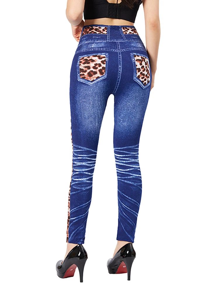 CUHAKCI High Waist Fake Leopard Bow Print Blue Jeggings Stretch Slim Fit Pencil Pant Faux Denim Sexy Women Workout Yoga Legging