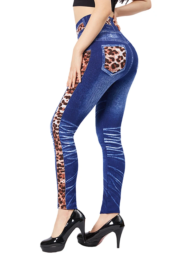 CUHAKCI High Waist Fake Leopard Bow Print Blue Jeggings Stretch Slim Fit Pencil Pant Faux Denim Sexy Women Workout Yoga Legging