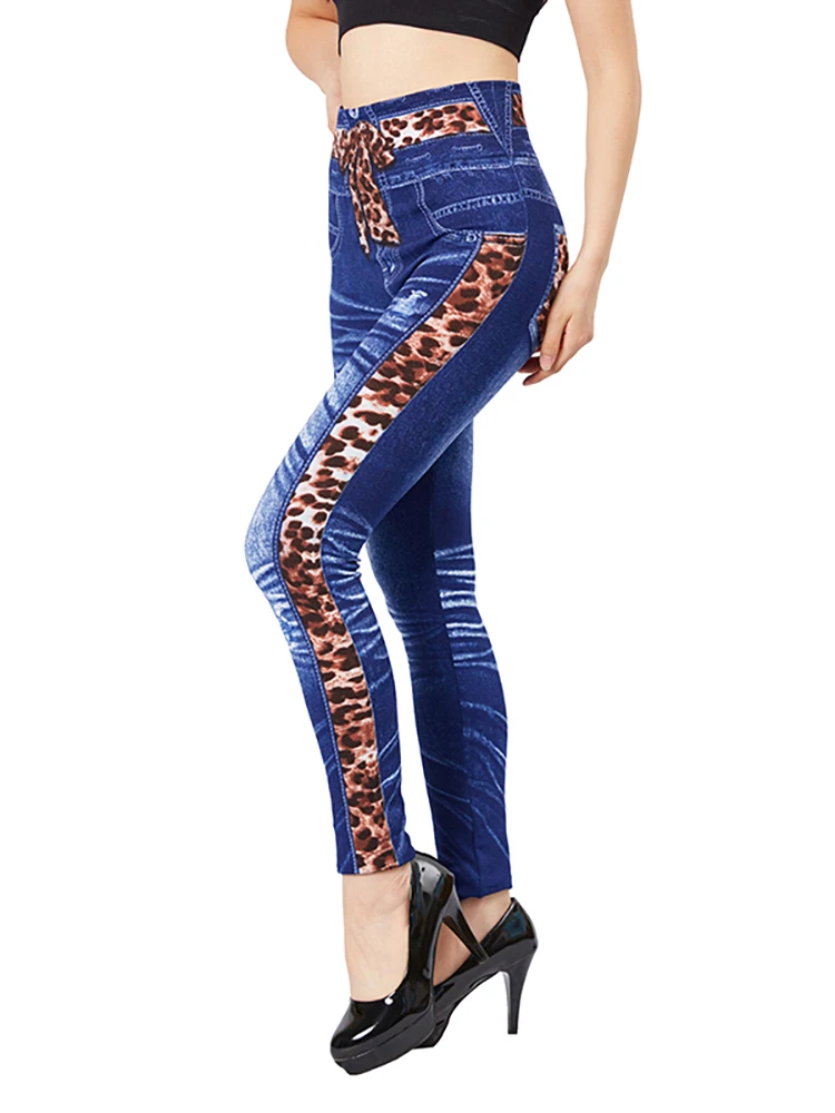 CUHAKCI High Waist Fake Leopard Bow Print Blue Jeggings Stretch Slim Fit Pencil Pant Faux Denim Sexy Women Workout Yoga Legging