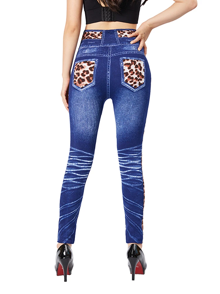 CUHAKCI High Waist Fake Leopard Bow Print Blue Jeggings Stretch Slim Fit Pencil Pant Faux Denim Sexy Women Workout Yoga Legging